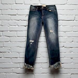 Free People/FP Frayed Hem Skinny Stretch Jeans Dark Blue Distressed Denim Sz 30